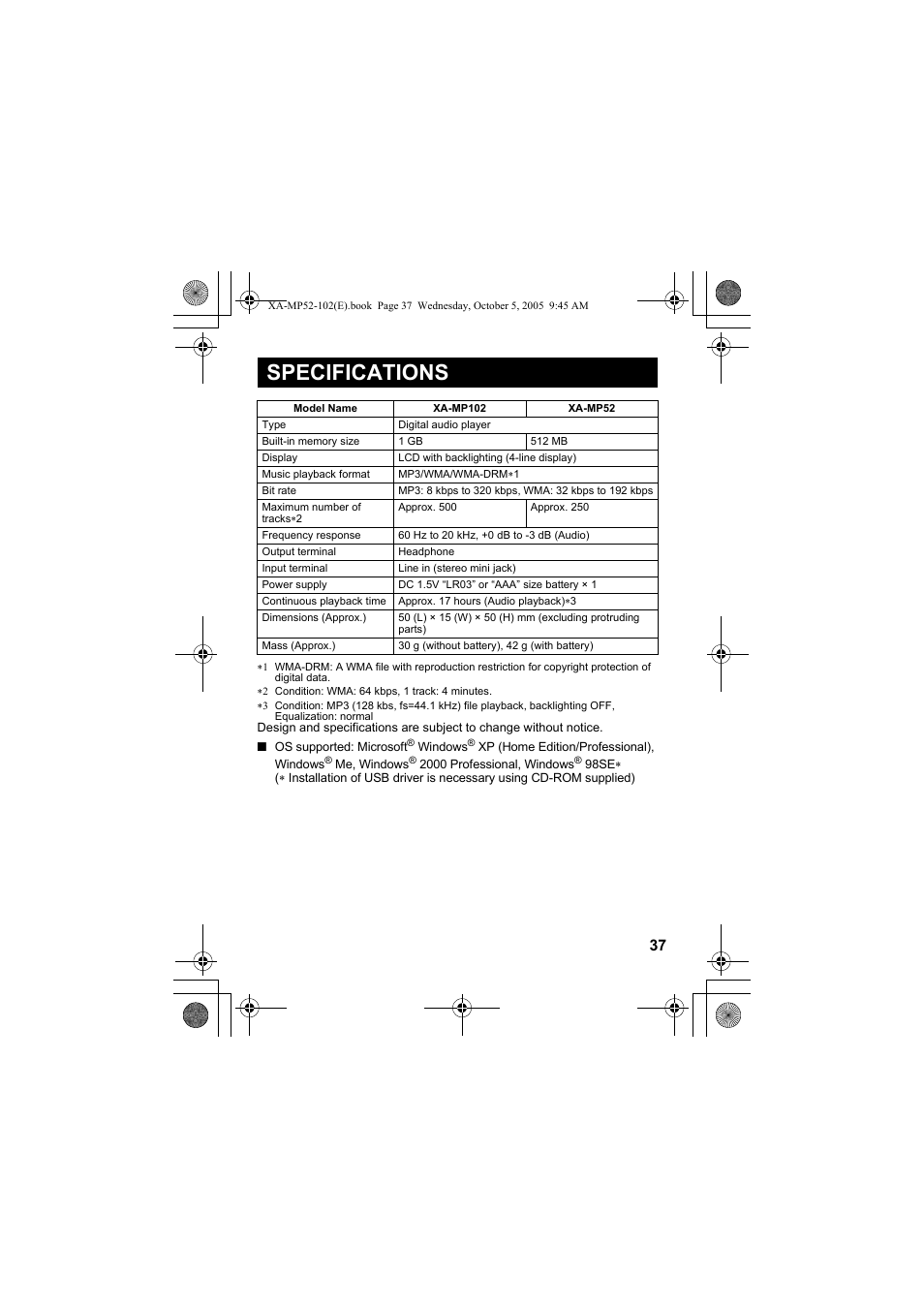 Specifications | JVC XA-MP102A User Manual | Page 37 / 40