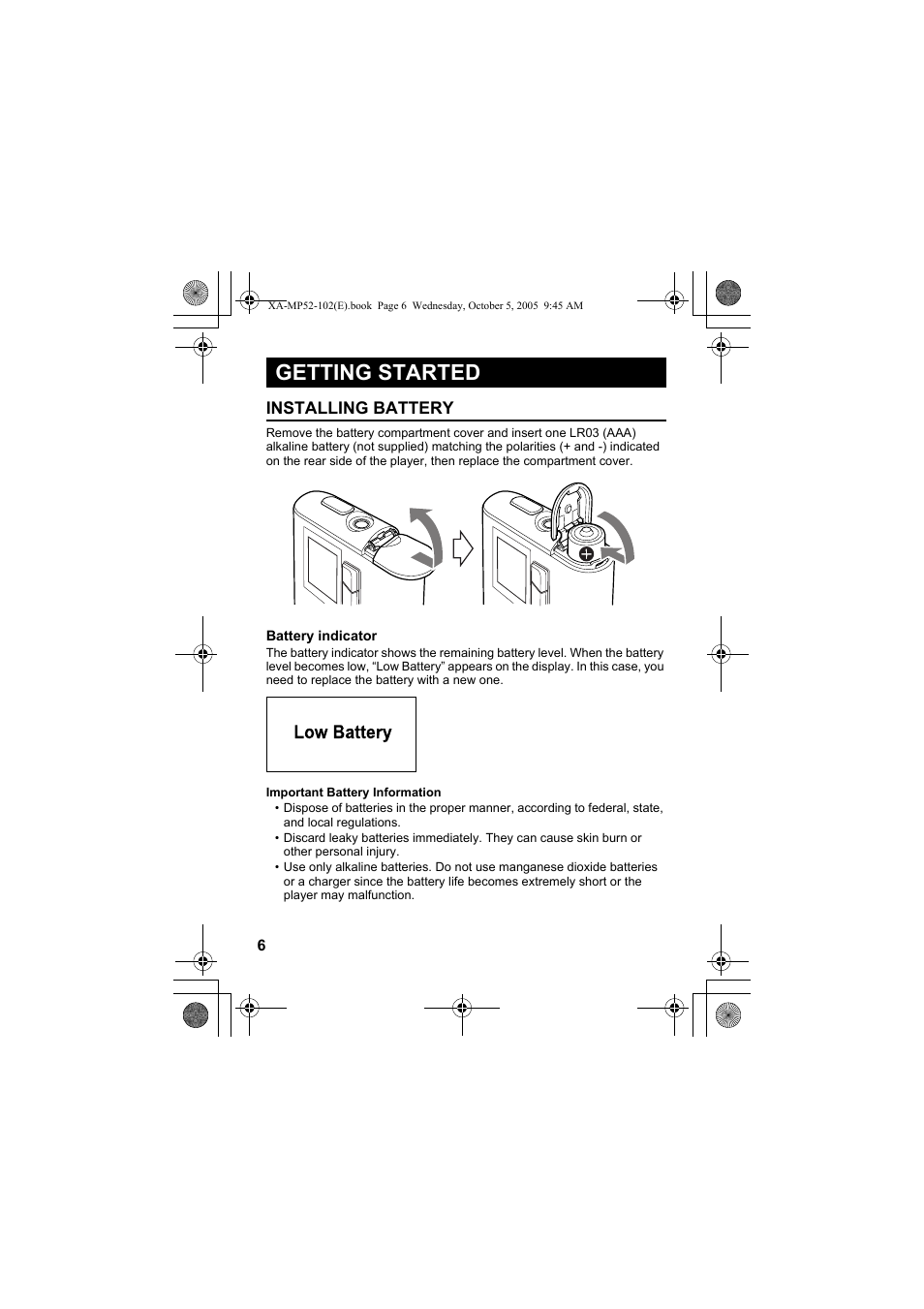 Getting started, Installing battery | JVC XA-MP102A User Manual | Page 6 / 40