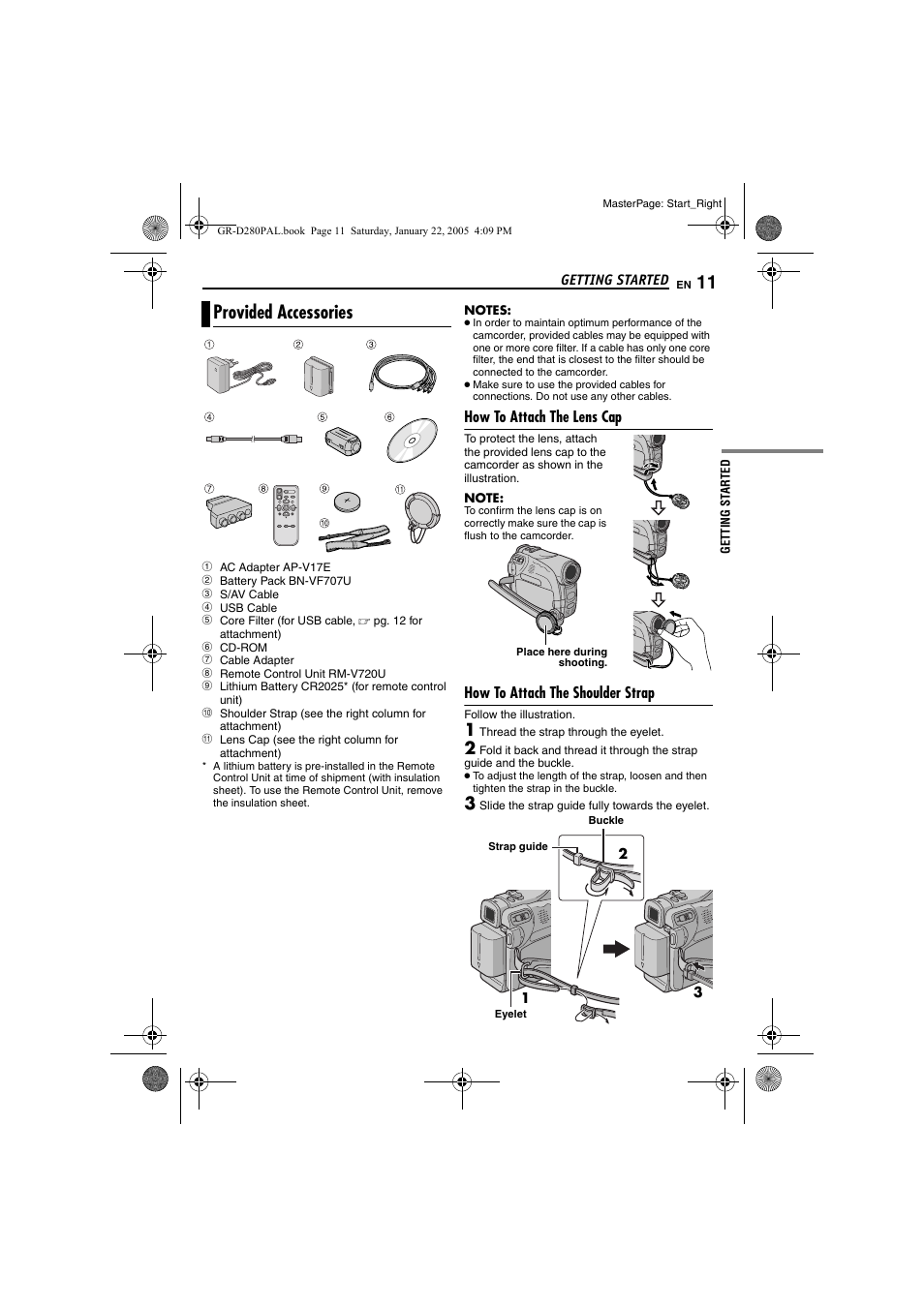 Provided accessories, How to attach the lens cap, How to attach the shoulder strap | Pg. 11) | JVC GR-D280 User Manual | Page 11 / 56