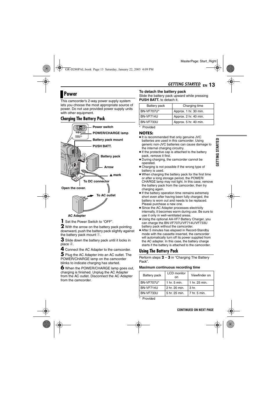 Power, Charging the battery pack, Using the battery pack | Pg. 13), Pg. 13, Getting started | JVC GR-D280 User Manual | Page 13 / 56