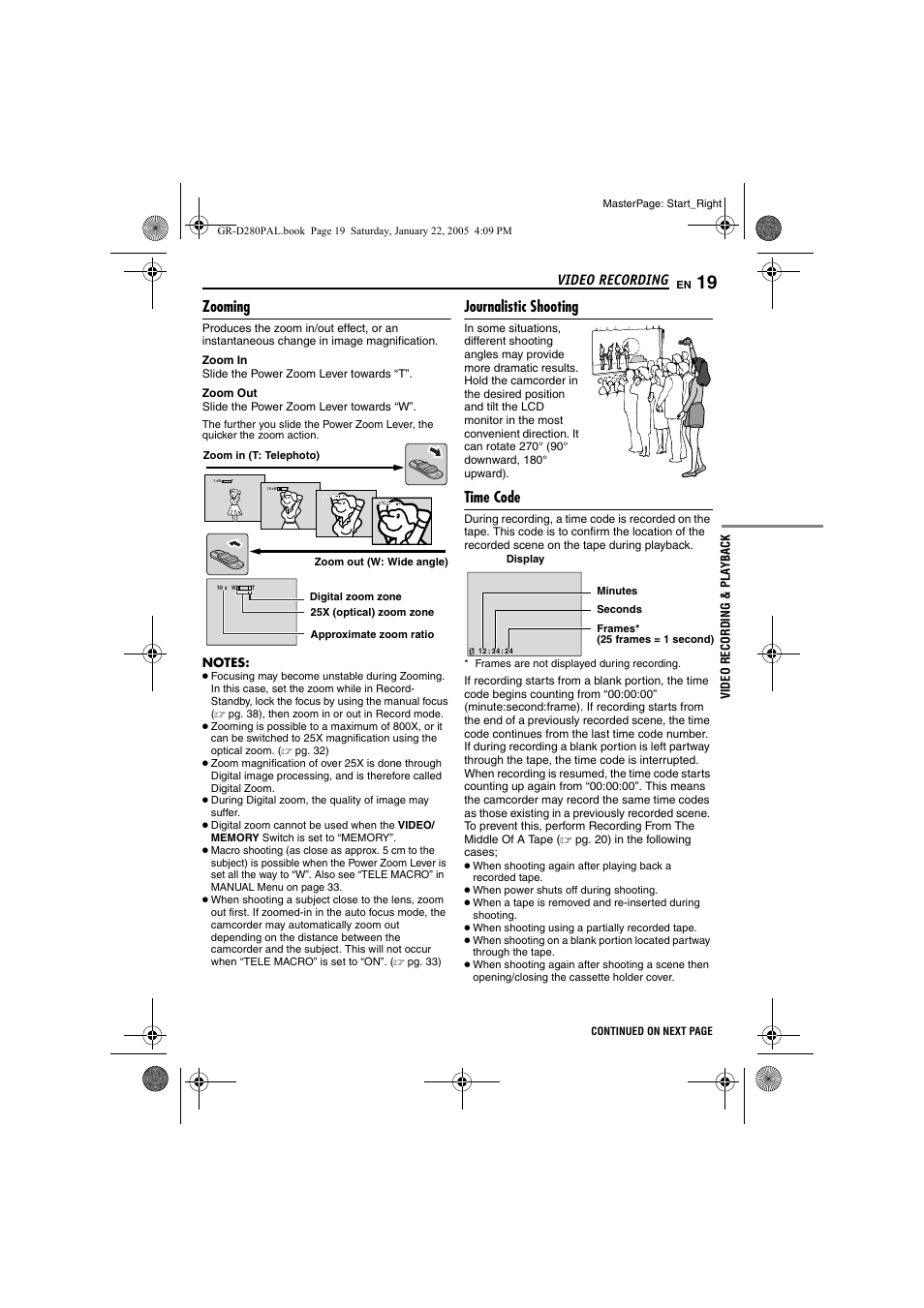 Zooming, Journalistic shooting, Time code | 19 journalistic shooting, 19 time code, Pg. 19), Video recording | JVC GR-D280 User Manual | Page 19 / 56