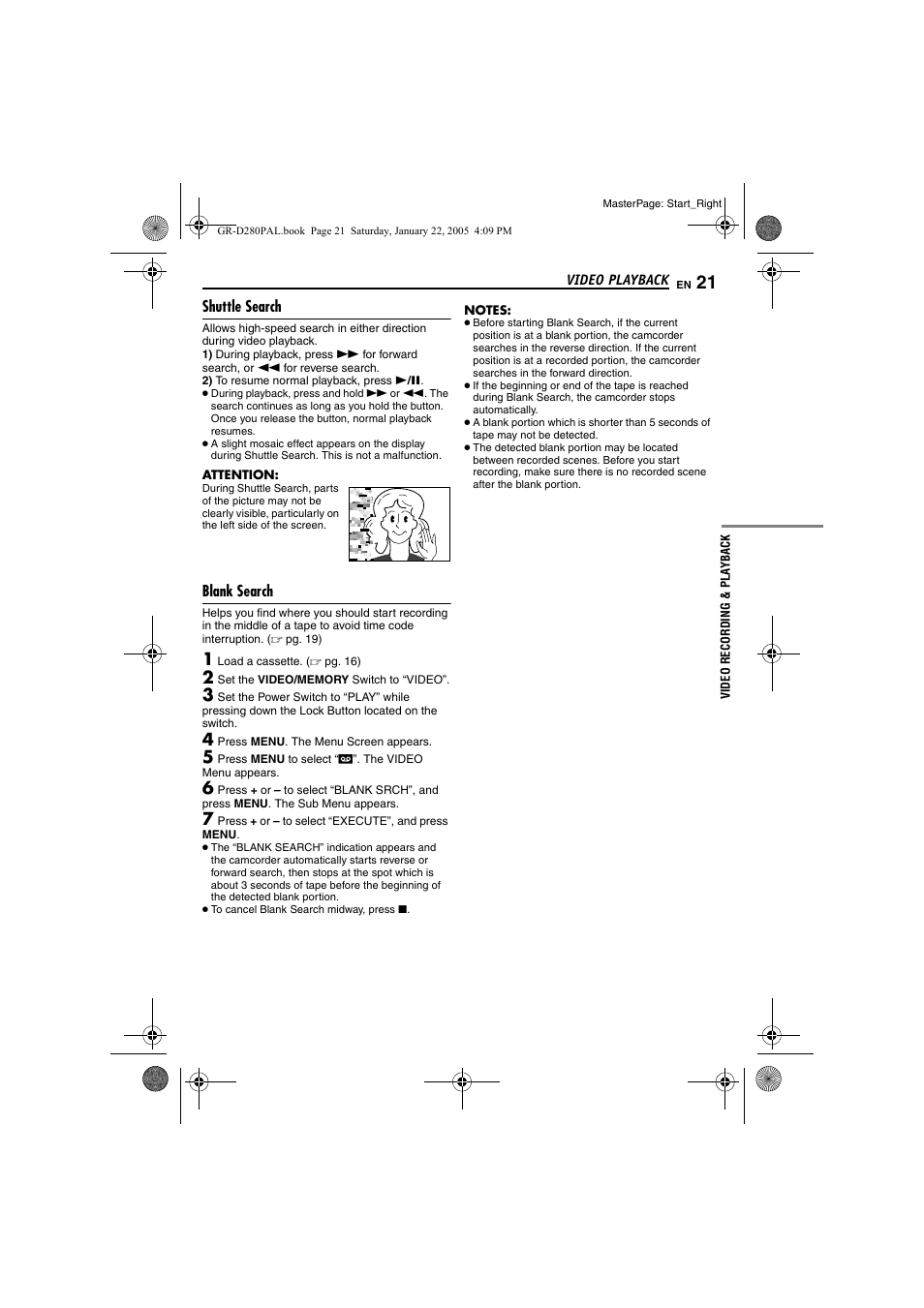 Shuttle search, Blank search, 21 blank search | Pg. 21) | JVC GR-D280 User Manual | Page 21 / 56