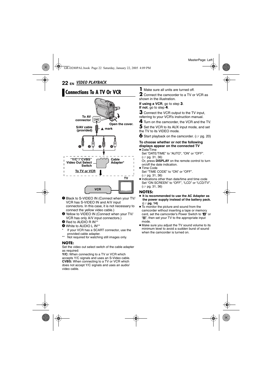 Connections to a tv or vcr, Pg. 22, Pg. 22) | JVC GR-D280 User Manual | Page 22 / 56