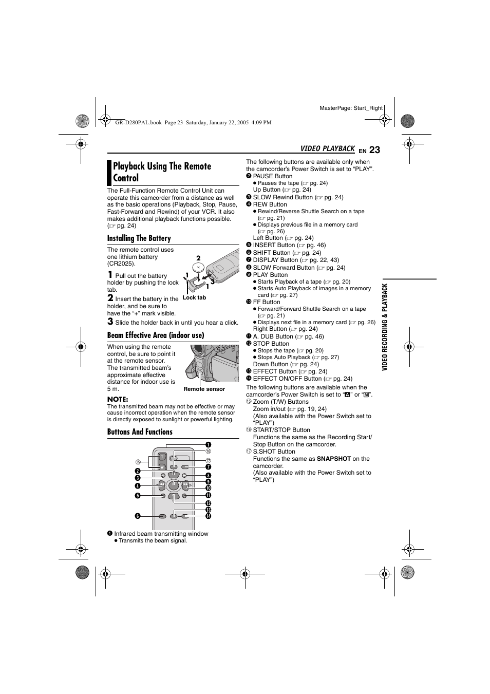 Playback using the remote control, Installing the battery, Beam effective area (indoor use) | Buttons and functions, Pg. 23) | JVC GR-D280 User Manual | Page 23 / 56