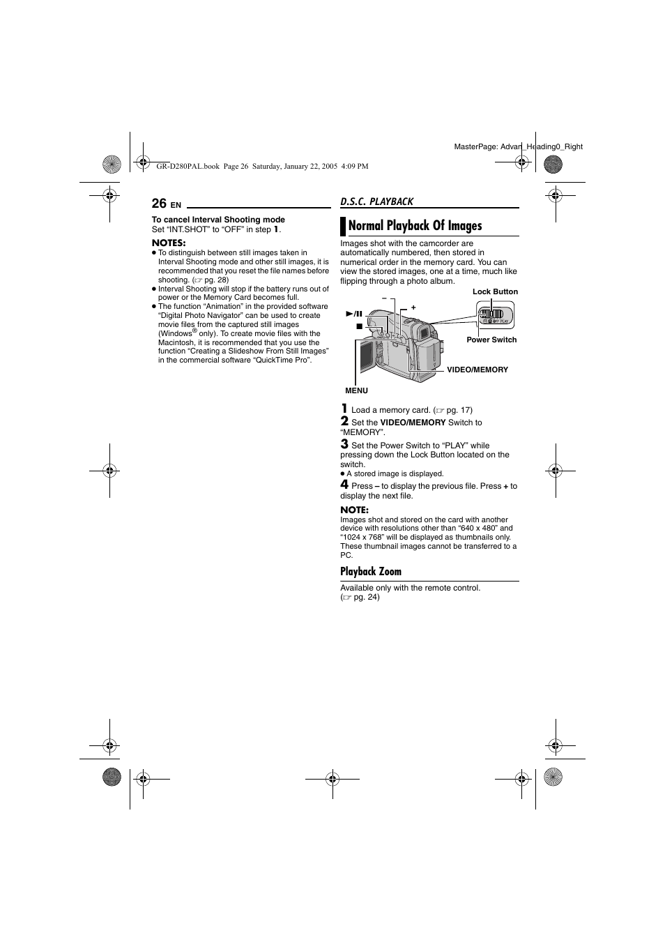 Normal playback of images, Playback zoom, D.s.c. playback | Pg. 26), Card (੬ pg. 26) | JVC GR-D280 User Manual | Page 26 / 56