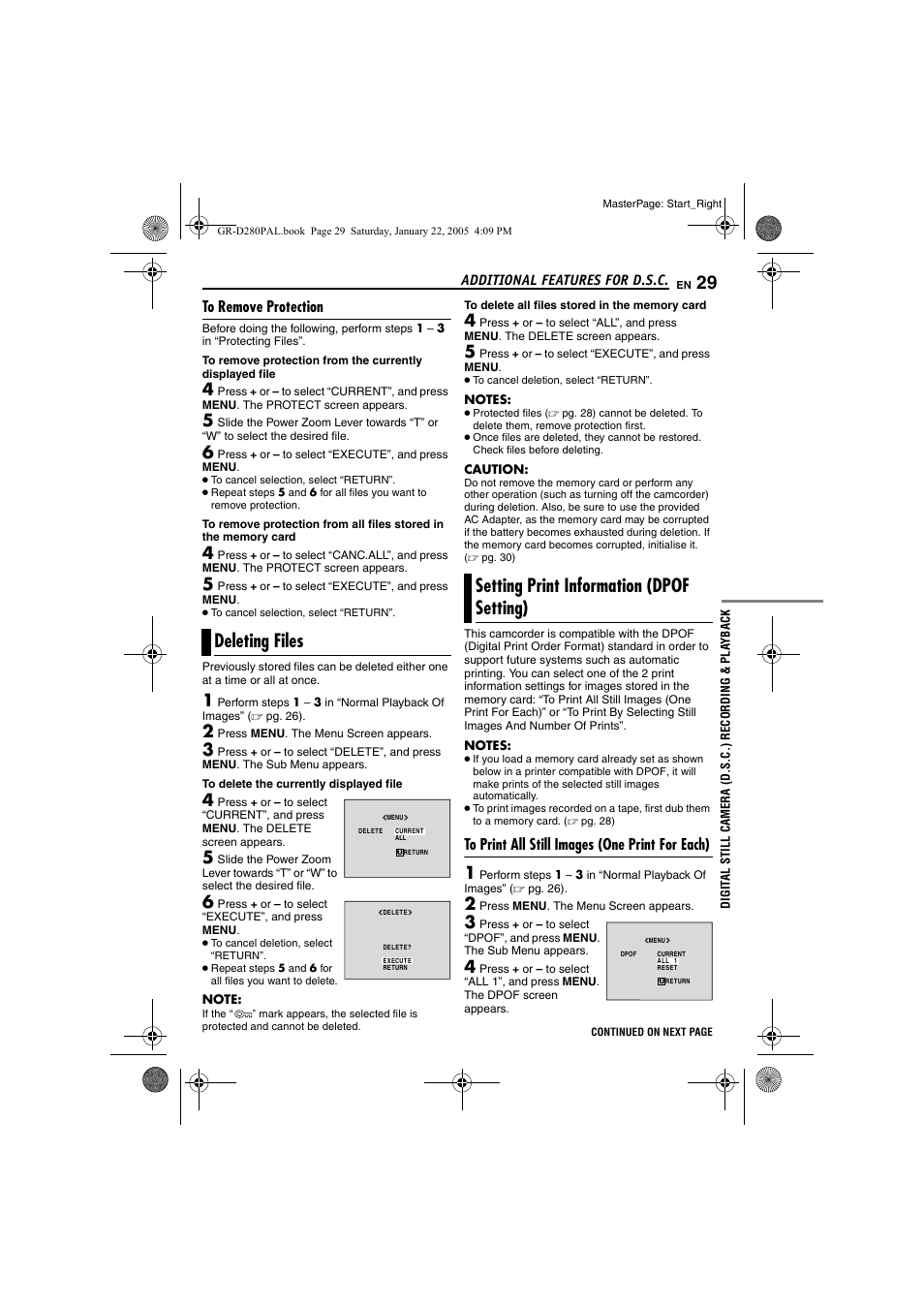 To remove protection, Deleting files, Setting print information (dpof setting) | To print all still images (one print for each), 29 setting print information (dpof setting), R to “deleting, Files, Pg. 29), Additional features for d.s.c | JVC GR-D280 User Manual | Page 29 / 56