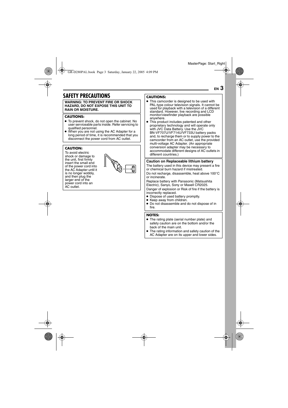 Safety precautions | JVC GR-D280 User Manual | Page 3 / 56