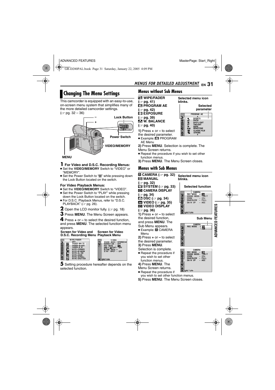 Menus for detailed adjustment, Changing the menu settings, Menus without sub menus | Menus with sub menus, Pg. 31, Advanced features, Pg. 31), Pg. 31, 36), Pg. 31, 35, Pg. 31, 32 | JVC GR-D280 User Manual | Page 31 / 56