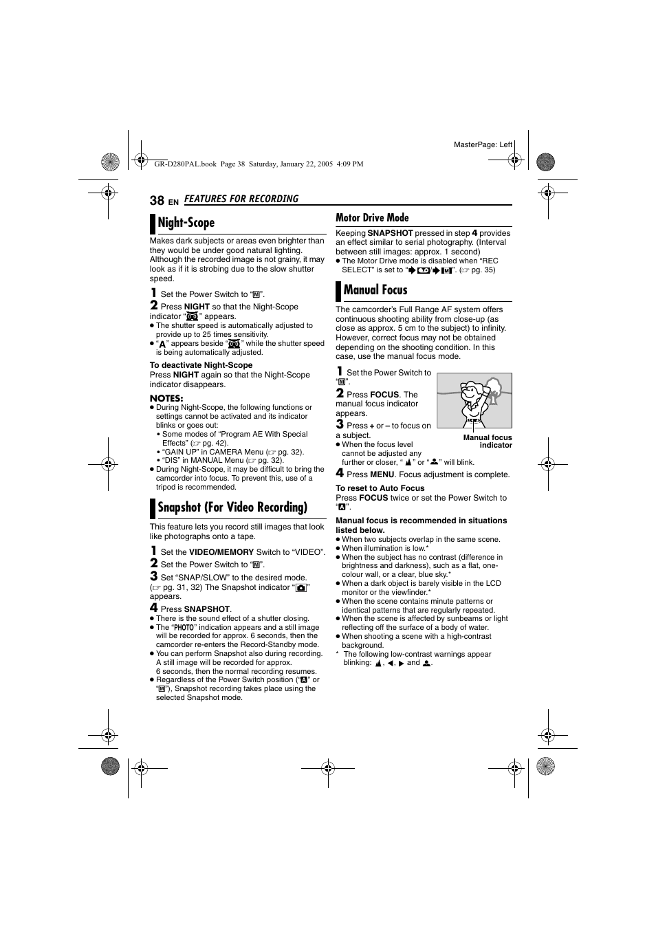 Night-scope, Snapshot (for video recording), Motor drive mode | Manual focus, 38 snapshot (for video recording), 38 manual focus, Focus, Pg. 38), Snapshot (for video, Recording) | JVC GR-D280 User Manual | Page 38 / 56