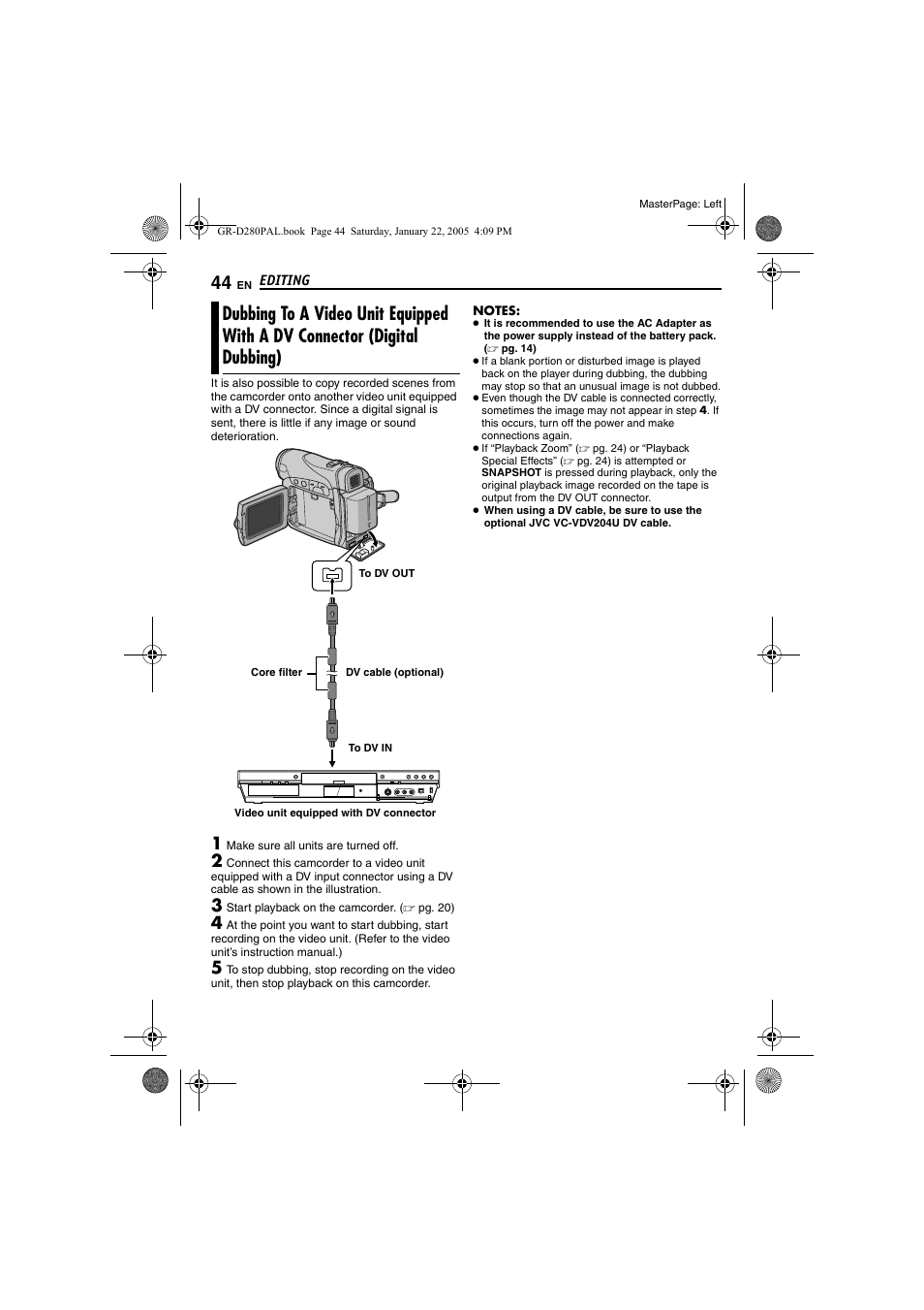 Dubbing to a video unit equipped with a dv, Connector (digital dubbing), Pg. 44, 4 | JVC GR-D280 User Manual | Page 44 / 56