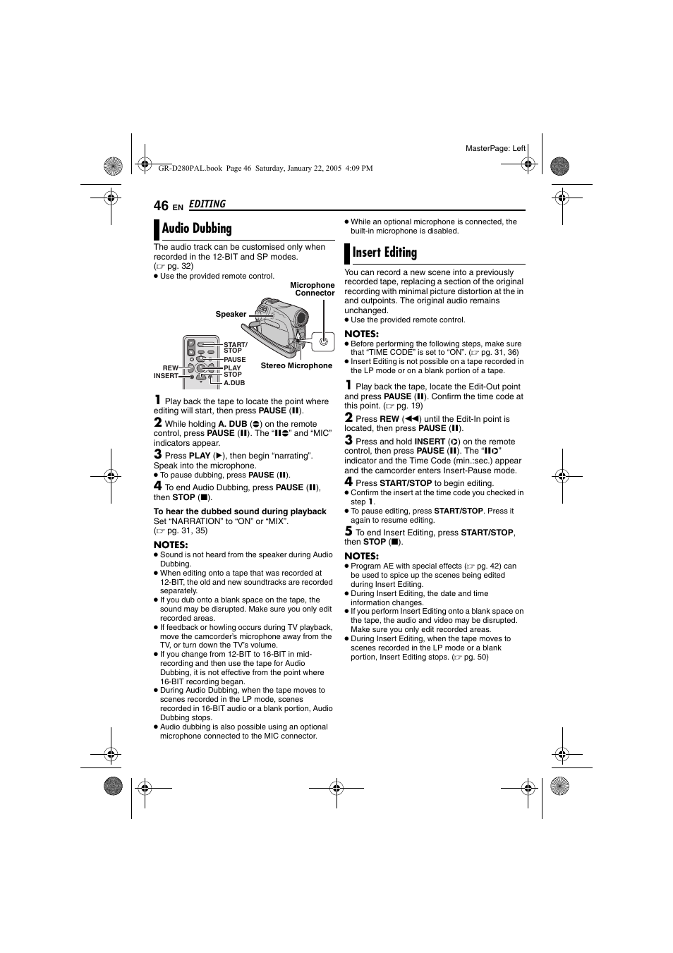 Audio dubbing, Insert editing, 46 insert editing | Pg. 46), Pg. 46) and i, Pg. 46) a | JVC GR-D280 User Manual | Page 46 / 56