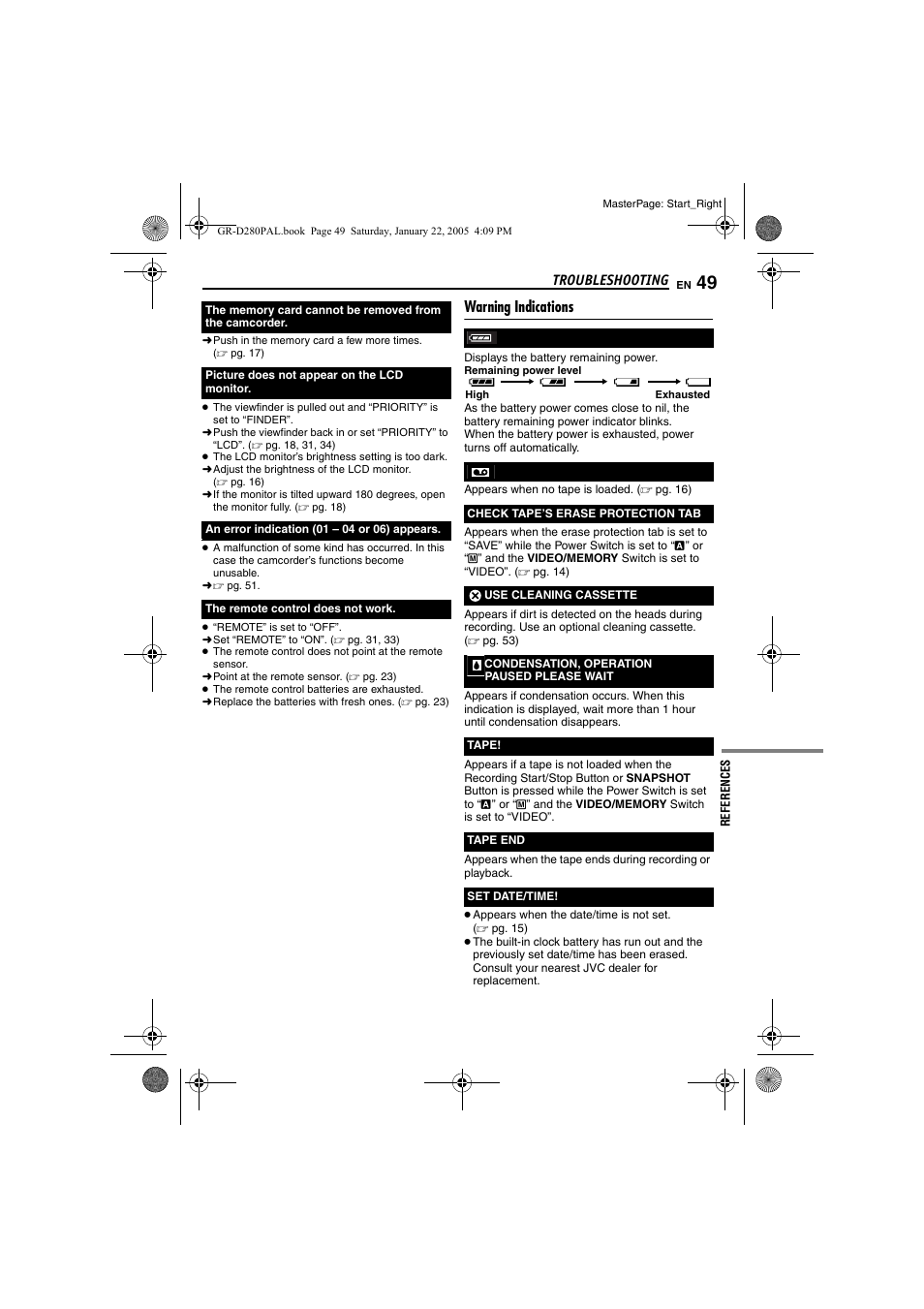 Warning indications, Pg. 49) | JVC GR-D280 User Manual | Page 49 / 56