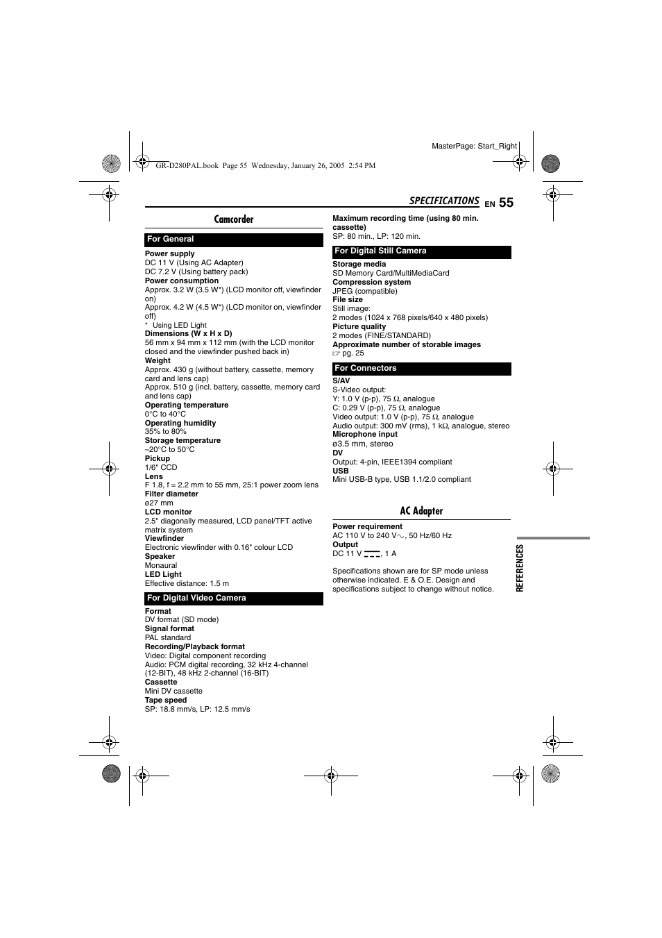 Specifications, Camcorder, Ac adapter | JVC GR-D280 User Manual | Page 55 / 56