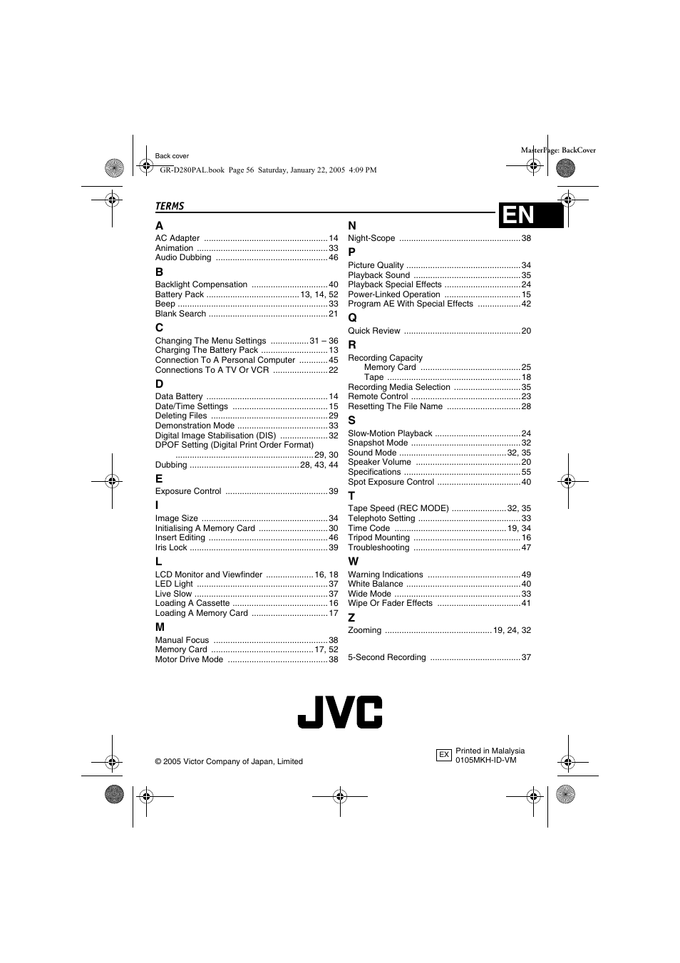 Terms, Back cover | JVC GR-D280 User Manual | Page 56 / 56