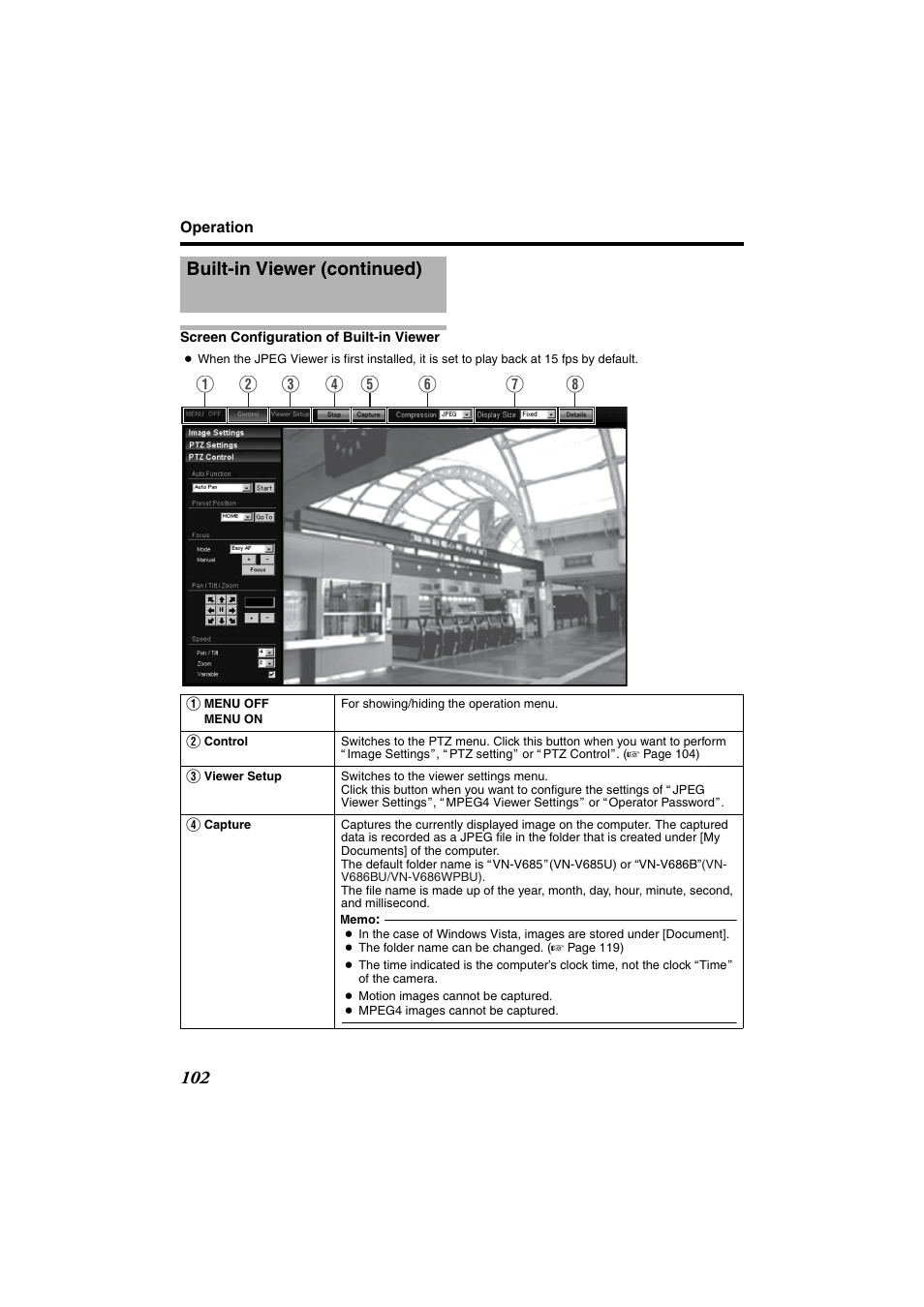 Screen configuration of built-in viewer, Built-in viewer (continued) | JVC VN-685U User Manual | Page 102 / 130