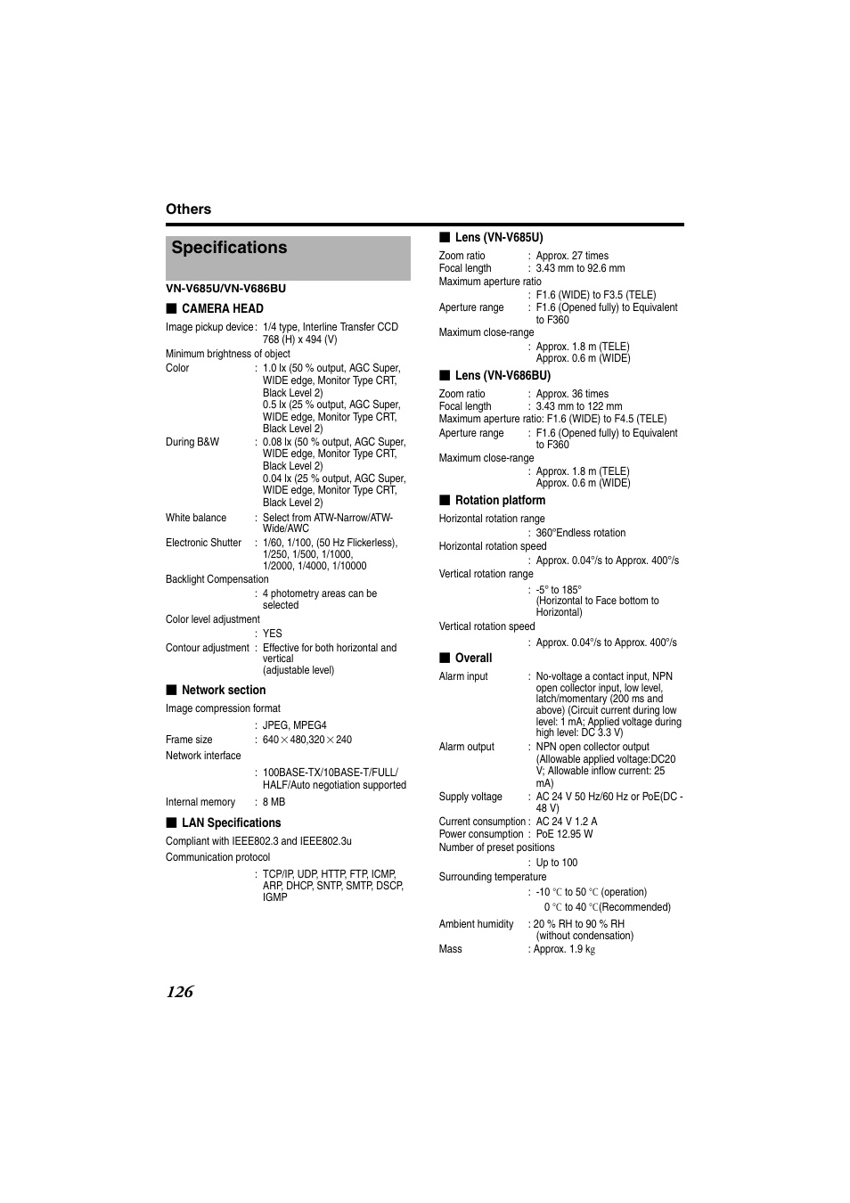 Specifications | JVC VN-685U User Manual | Page 126 / 130