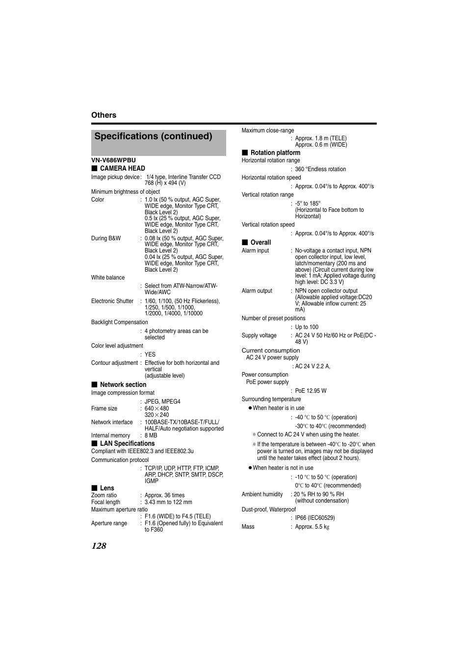 Specifications (continued) | JVC VN-685U User Manual | Page 128 / 130