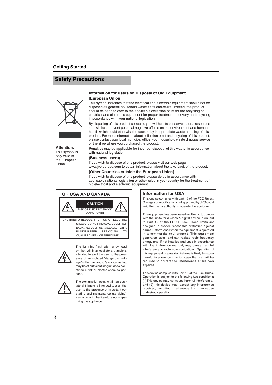 Getting started, Safety precautions | JVC VN-685U User Manual | Page 2 / 130