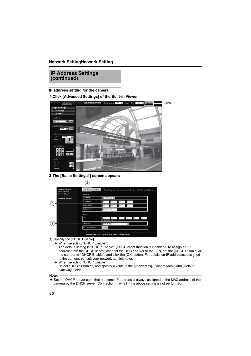 Ip address setting for the camera, Step4 ip address setting for the camera, Ip address settings (continued) | Ab c | JVC VN-685U User Manual | Page 42 / 130