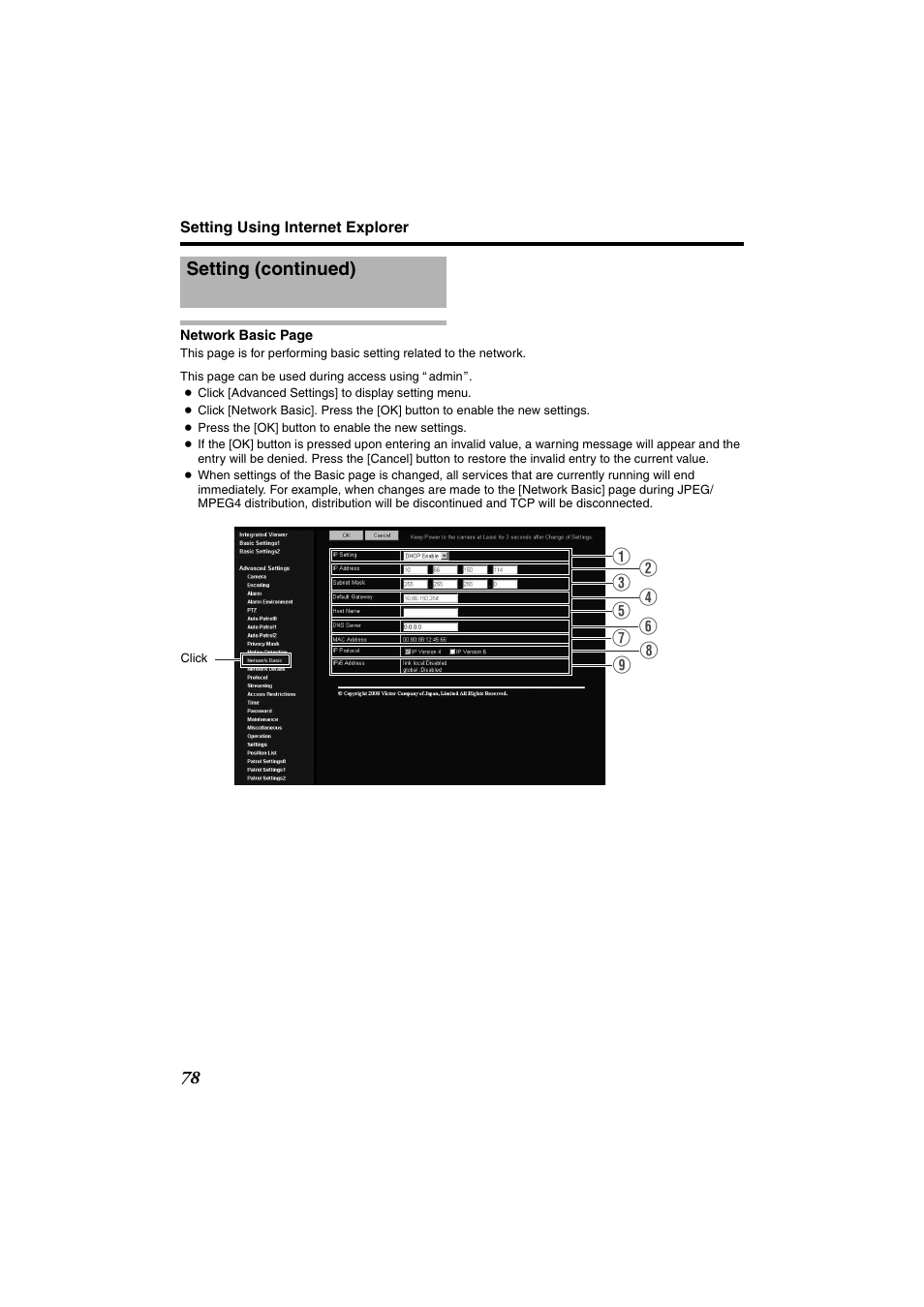 Network basic p, Setting (continued) | JVC VN-685U User Manual | Page 78 / 130