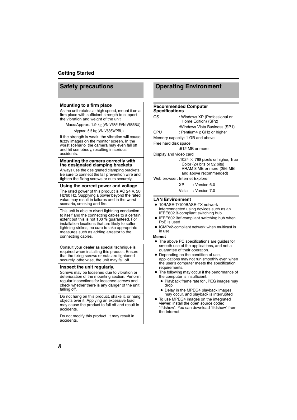 Safety precautions, Operating environment, Safety precautions operating environment | JVC VN-685U User Manual | Page 8 / 130