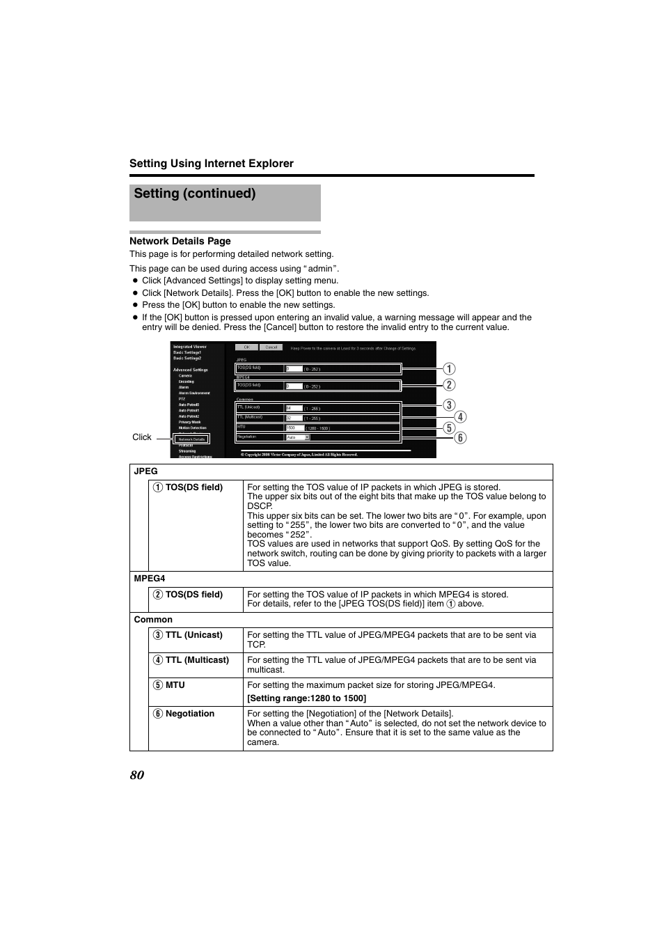Network details p, Setting (continued) | JVC VN-685U User Manual | Page 80 / 130