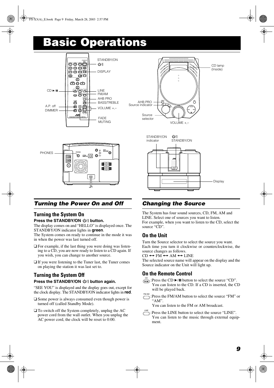 Basic operations, Turning the power on and off turning the system on, Turning the system off | Changing the source, On the unit, On the remote control | JVC DLA FS-X3 User Manual | Page 11 / 30