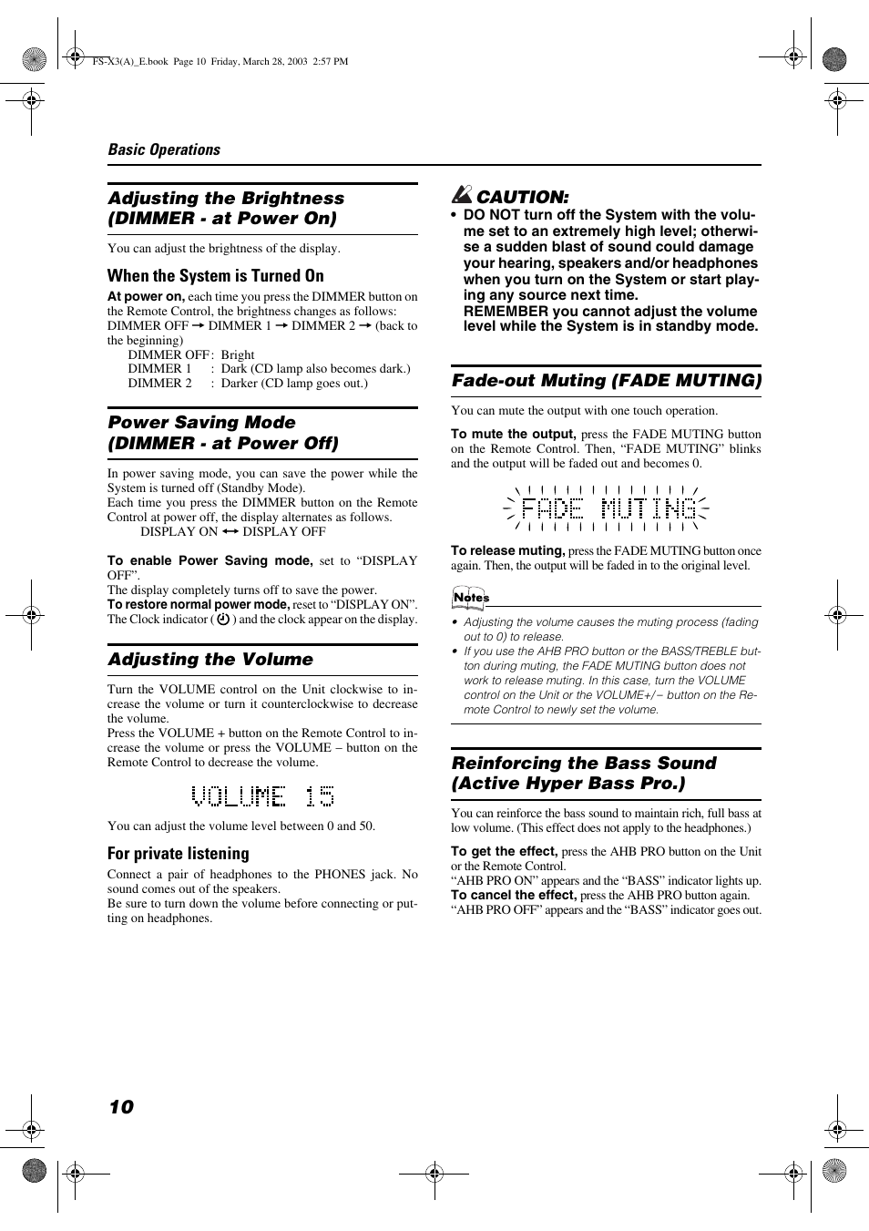 Adjusting the brightness (dimmer - at power on), When the system is turned on, Power saving mode (dimmer - at power off) | Adjusting the volume, For private listening, Caution, Fade-out muting (fade muting) | JVC DLA FS-X3 User Manual | Page 12 / 30