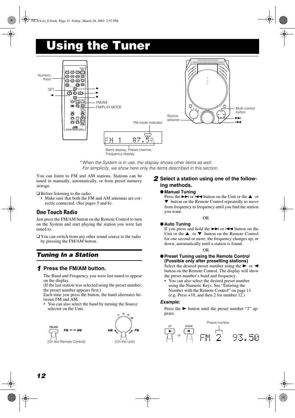 Using the tuner, One touch radio, Tuning in a station | JVC DLA FS-X3 User Manual | Page 14 / 30