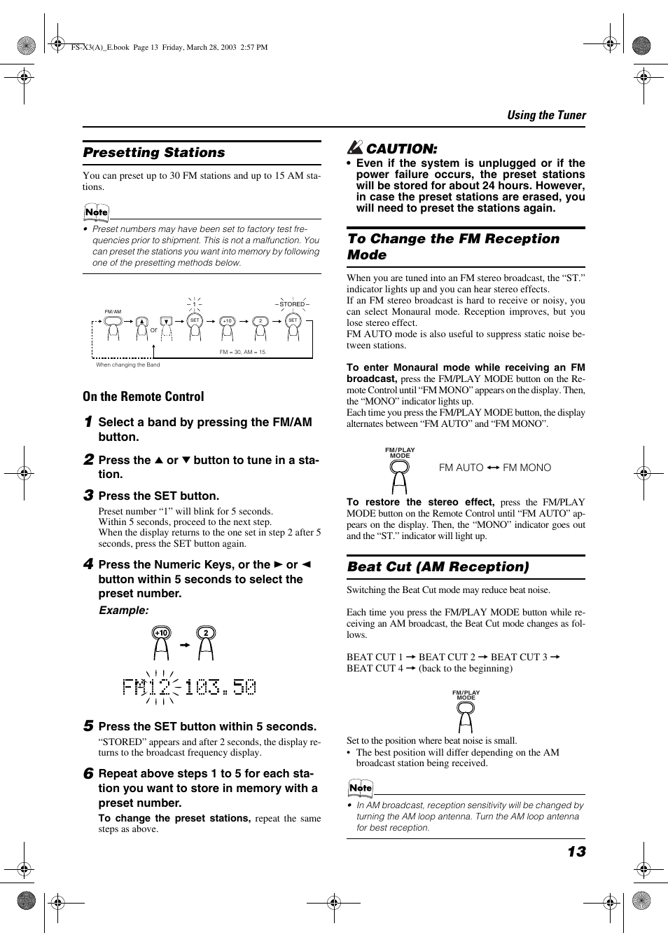 Presetting stations, On the remote control, Caution | Beat cut (am reception) | JVC DLA FS-X3 User Manual | Page 15 / 30