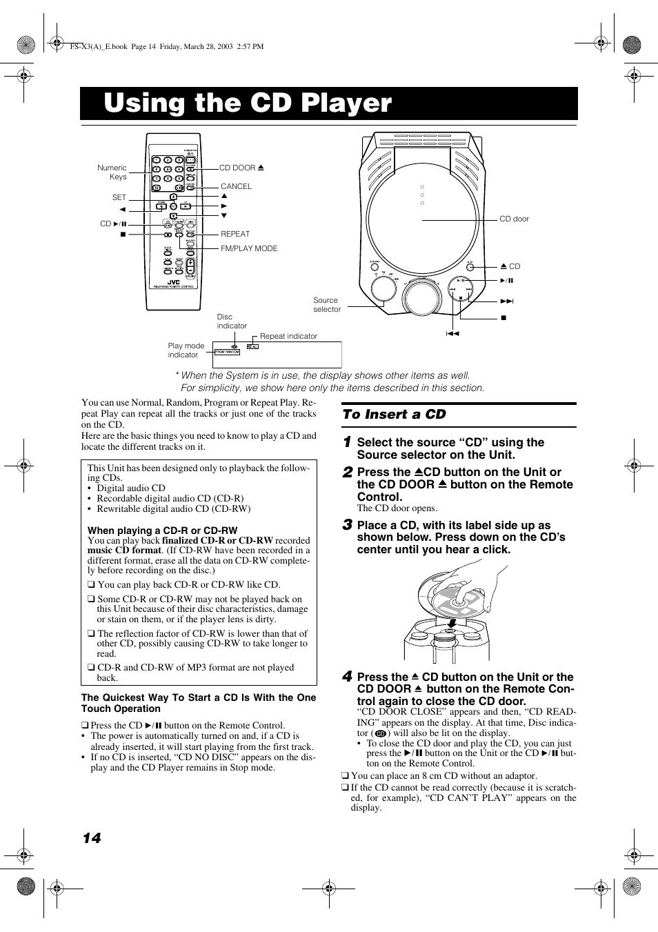 Using the cd player | JVC DLA FS-X3 User Manual | Page 16 / 30