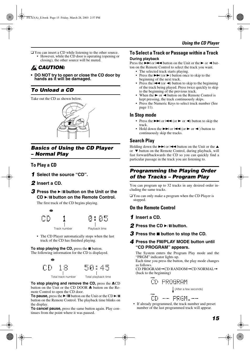 Caution, Search play, On the remote control | JVC DLA FS-X3 User Manual | Page 17 / 30