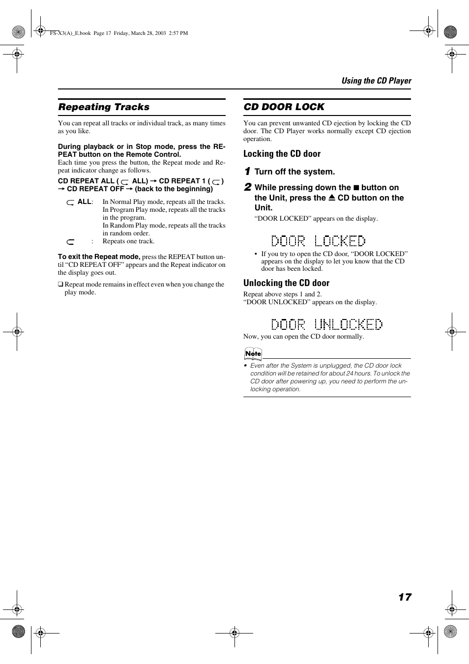 Repeating tracks, Cd door lock, Locking the cd door | Unlocking the cd door | JVC DLA FS-X3 User Manual | Page 19 / 30