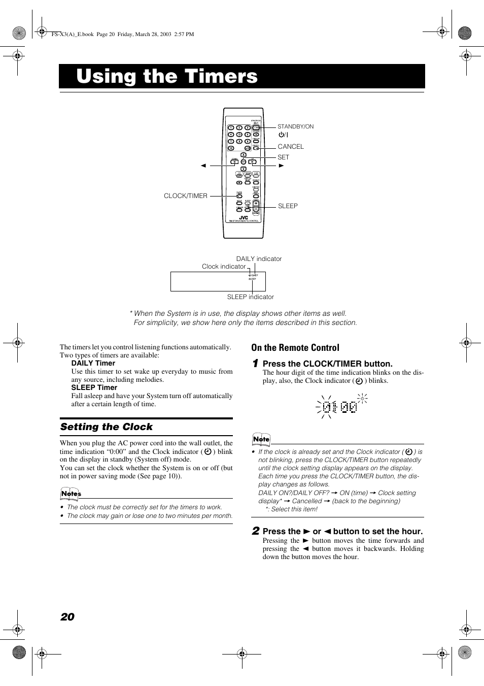 Using the timers, Setting the clock, On the remote control | JVC DLA FS-X3 User Manual | Page 22 / 30