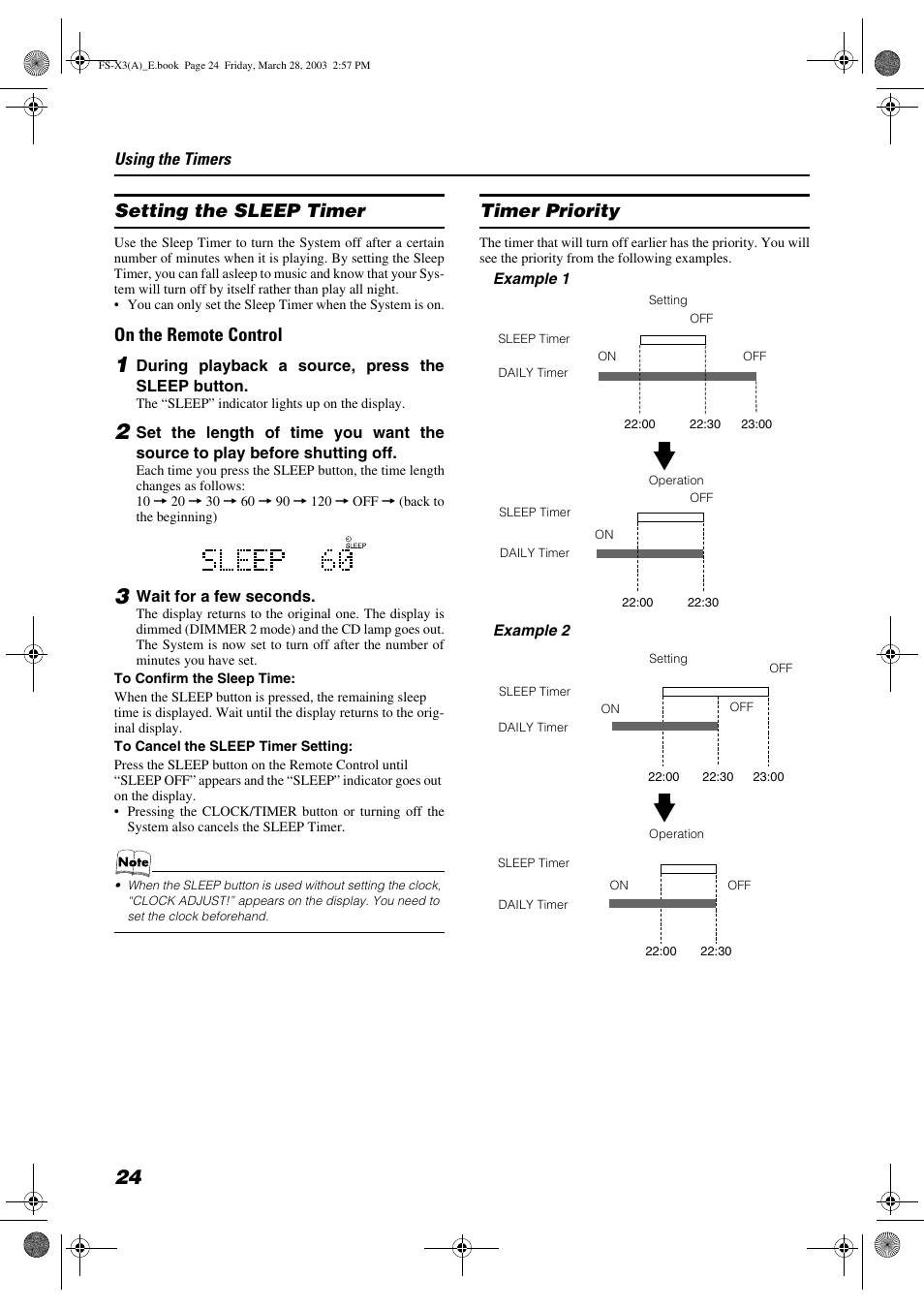 Setting the sleep timer, On the remote control, Timer priority | JVC DLA FS-X3 User Manual | Page 26 / 30