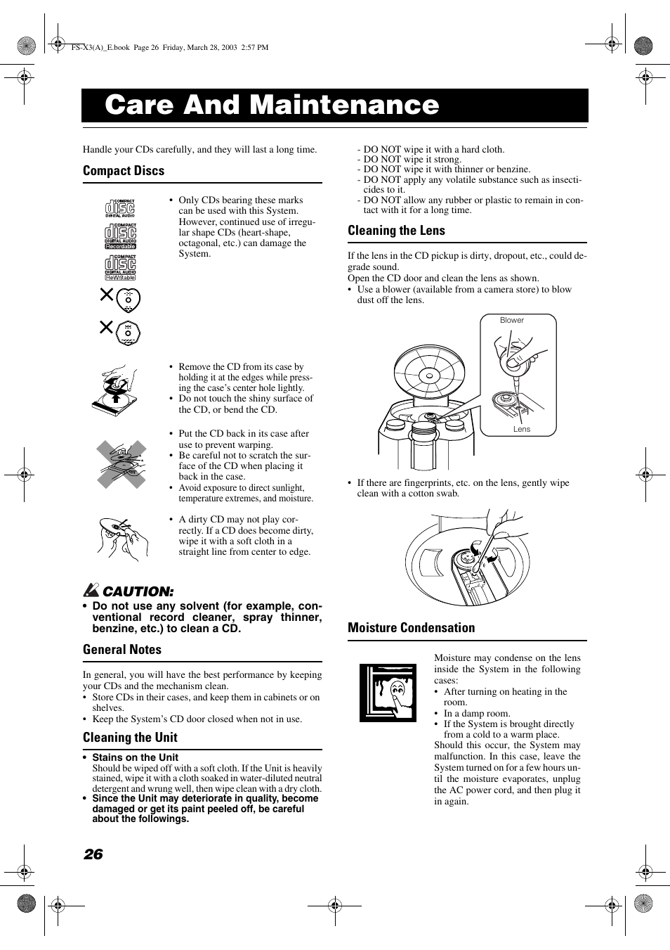 Care and maintenance, Compact discs caution, Cleaning the unit | Cleaning the lens, Moisture condensation | JVC DLA FS-X3 User Manual | Page 28 / 30