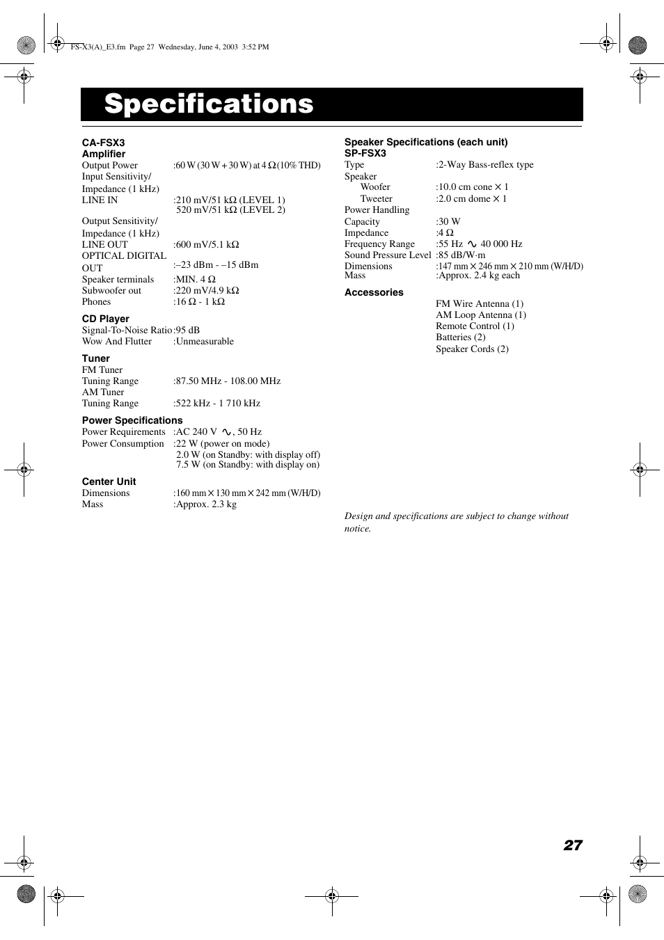 Specifications | JVC DLA FS-X3 User Manual | Page 29 / 30