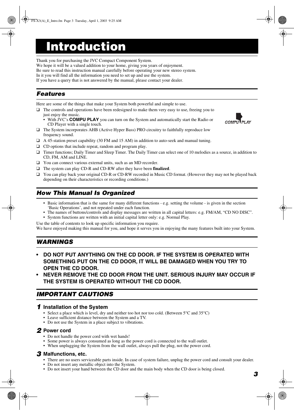 Introduction | JVC DLA FS-X3 User Manual | Page 5 / 30