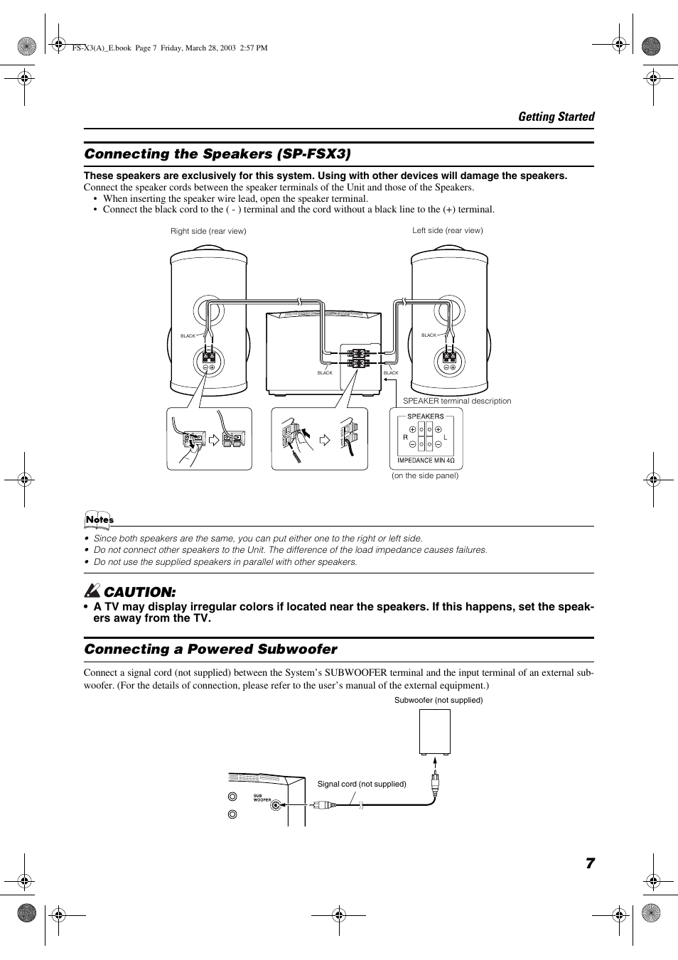 Connecting the speakers (sp-fsx3), Caution, Connecting a powered subwoofer | Getting started | JVC DLA FS-X3 User Manual | Page 9 / 30