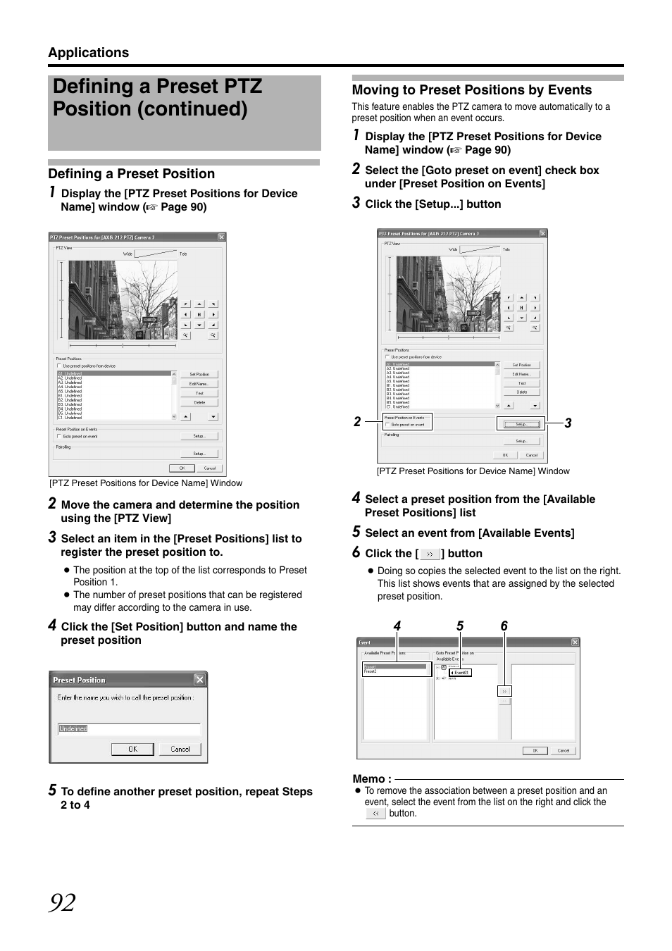 Defining a preset position, Moving to preset positions by events, Defining a preset ptz position (continued) | JVC LST0728-001C User Manual | Page 100 / 168