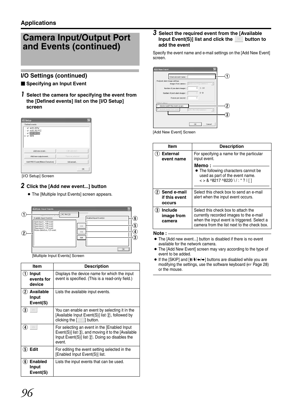 Camera input/output port and events (continued), Applications i/o settings (continued) | JVC LST0728-001C User Manual | Page 104 / 168