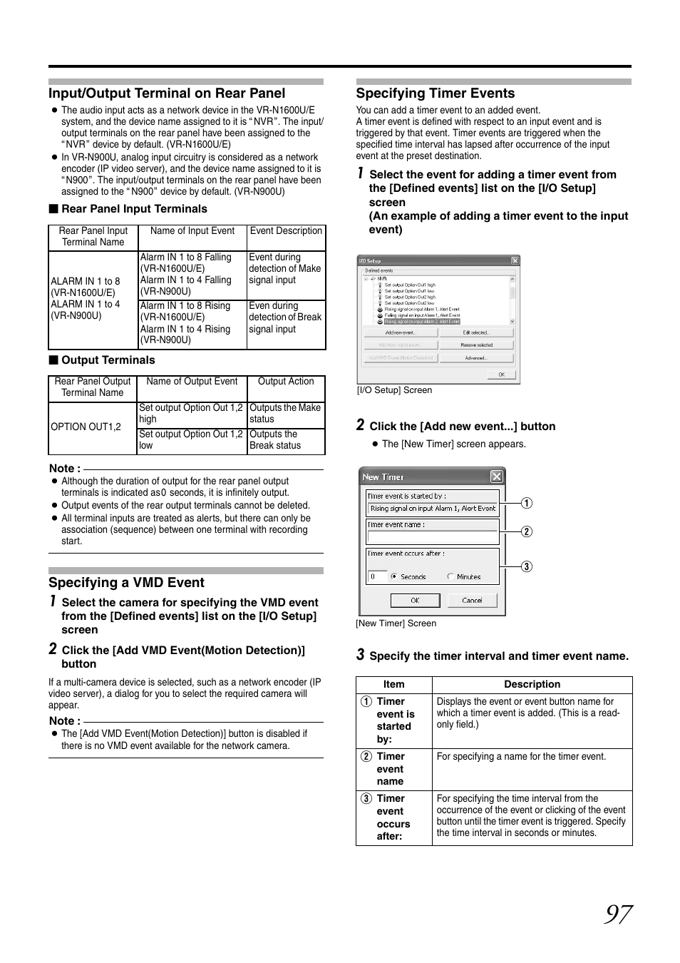 Input/output terminal on rear panel, Specifying a vmd event, Specifying timer events | JVC LST0728-001C User Manual | Page 105 / 168