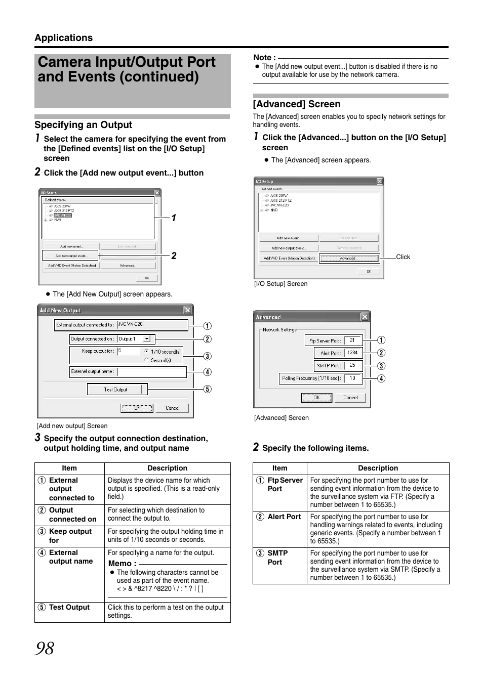 Specifying an output, Advanced] screen, Camera input/output port and events (continued) | JVC LST0728-001C User Manual | Page 106 / 168