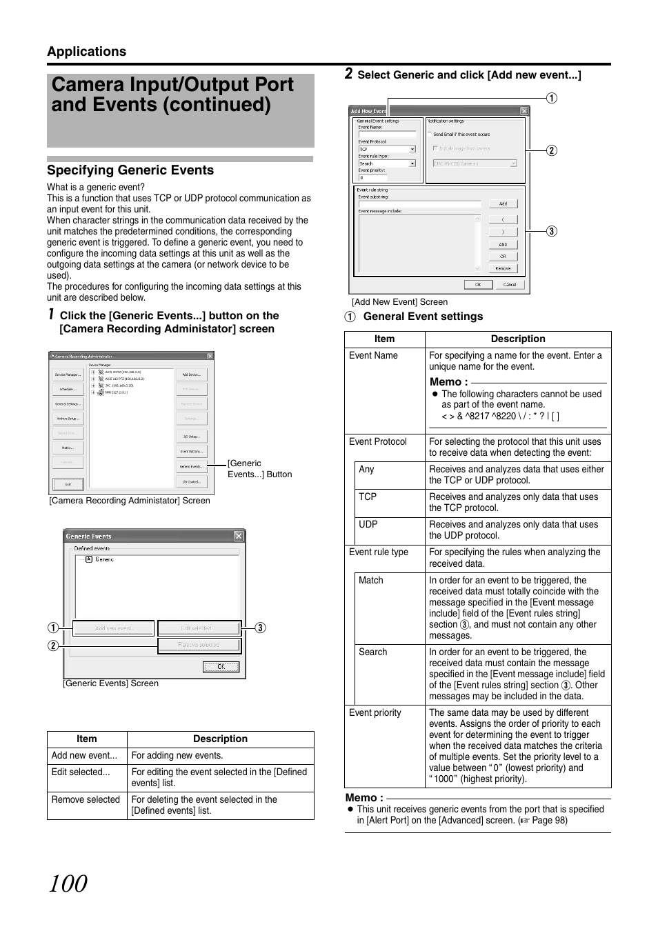 Specifying generic events, Camera input/output port and events (continued), Applications specifying generic events | JVC LST0728-001C User Manual | Page 108 / 168