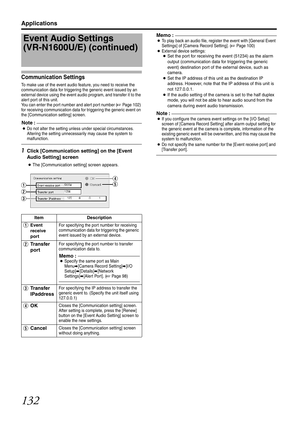Communication settings, Event audio settings (vr-n1600u/e) (continued), Applications communication settings | JVC LST0728-001C User Manual | Page 140 / 168