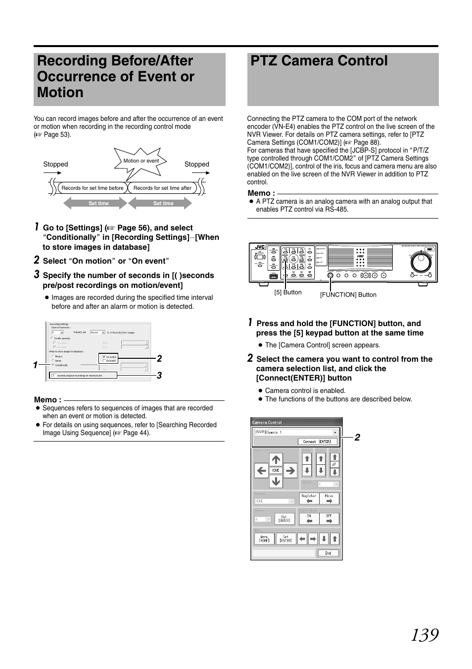 Ptz camera control, Recording before/after occurrence of event or, Motion | Select aon motionb or aon eventb, Enables ptz control via rs-485, The [camera control] screen appears | JVC LST0728-001C User Manual | Page 147 / 168