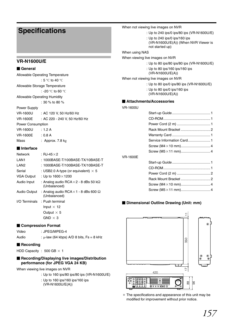 Specifications, Vr-n1600u/e | JVC LST0728-001C User Manual | Page 165 / 168