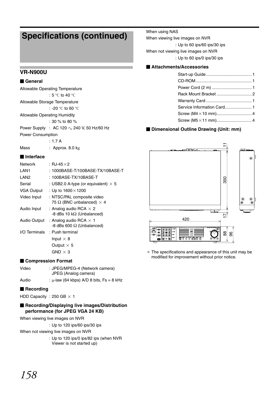 Vr-n900u, Specifications (continued) | JVC LST0728-001C User Manual | Page 166 / 168