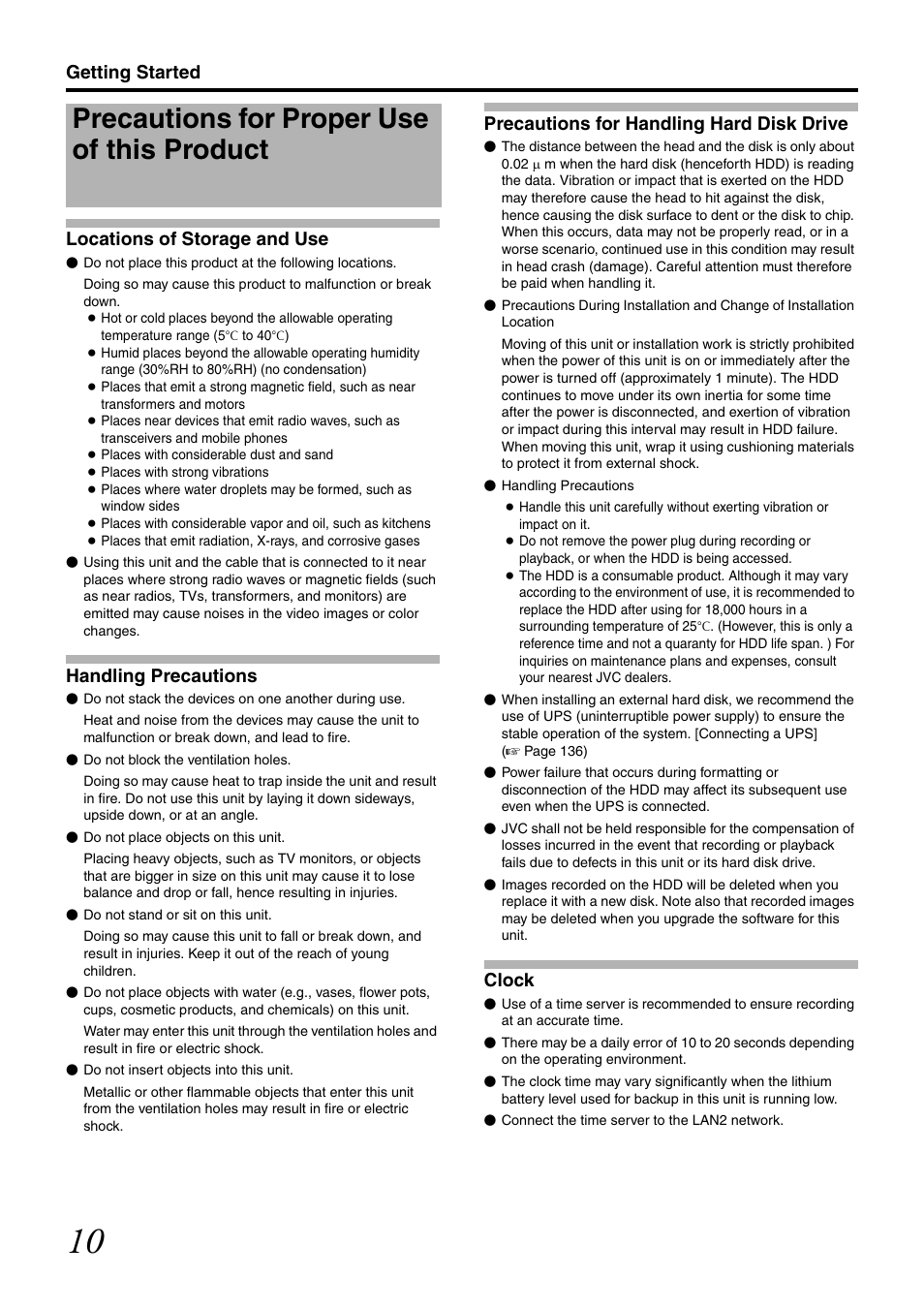 Precautions for proper use of this product, Getting started locations of storage and use, Handling precautions | Precautions for handling hard disk drive, Clock | JVC LST0728-001C User Manual | Page 18 / 168