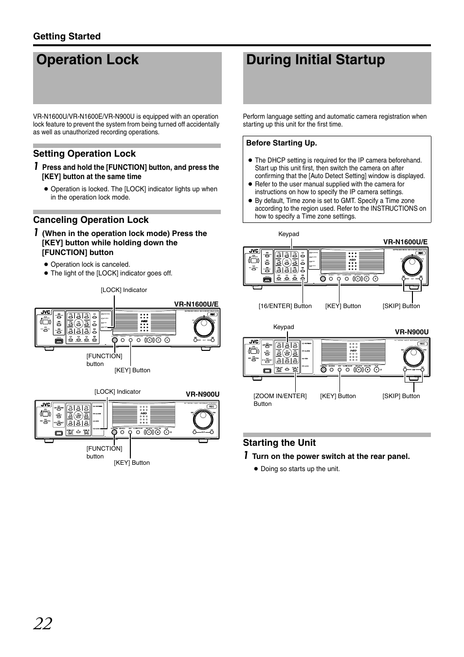 Operation lock, During initial startup, Getting started | Setting operation lock, Canceling operation lock, Starting the unit, Turn on the power switch at the rear panel, Before starting up, Doing so starts up the unit | JVC LST0728-001C User Manual | Page 30 / 168
